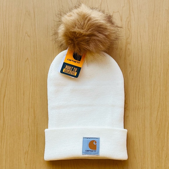 Carhartt Accessories - CARHARTT White Knit Cuffed Beanie Cap A18 Customized with Brown Faux Fur Pom